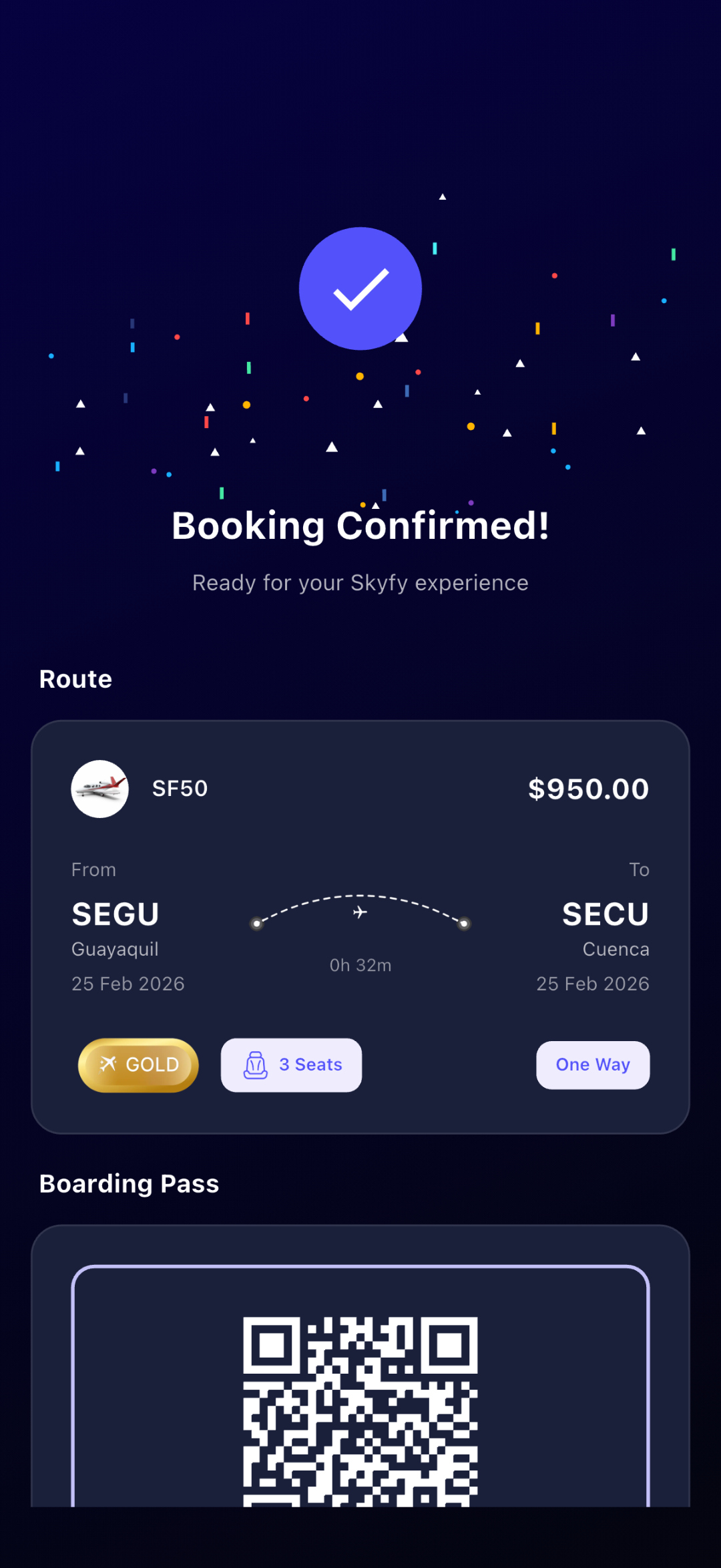 Pantalla de confirmación de reserva: boarding pass con código QR para vuelo SEGU–SECU