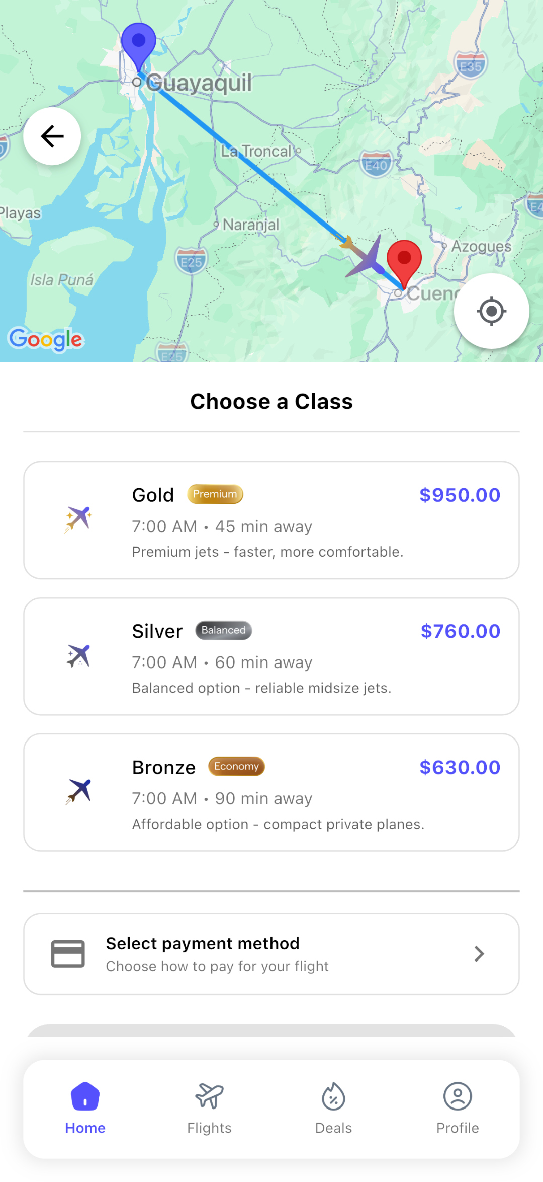 Pantalla de Skyfy: elige tu clase de vuelo entre Bronze, Silver y Gold con el mapa Guayaquil–Cuenca