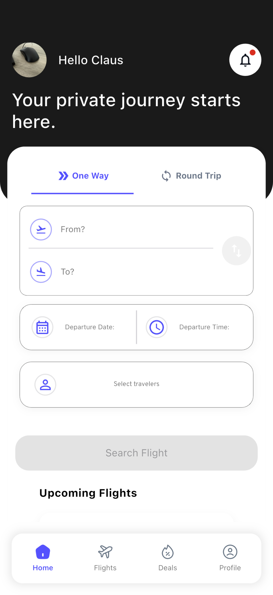 Pantalla de inicio de Skyfy: busca tu vuelo con origen, destino, fecha y hora