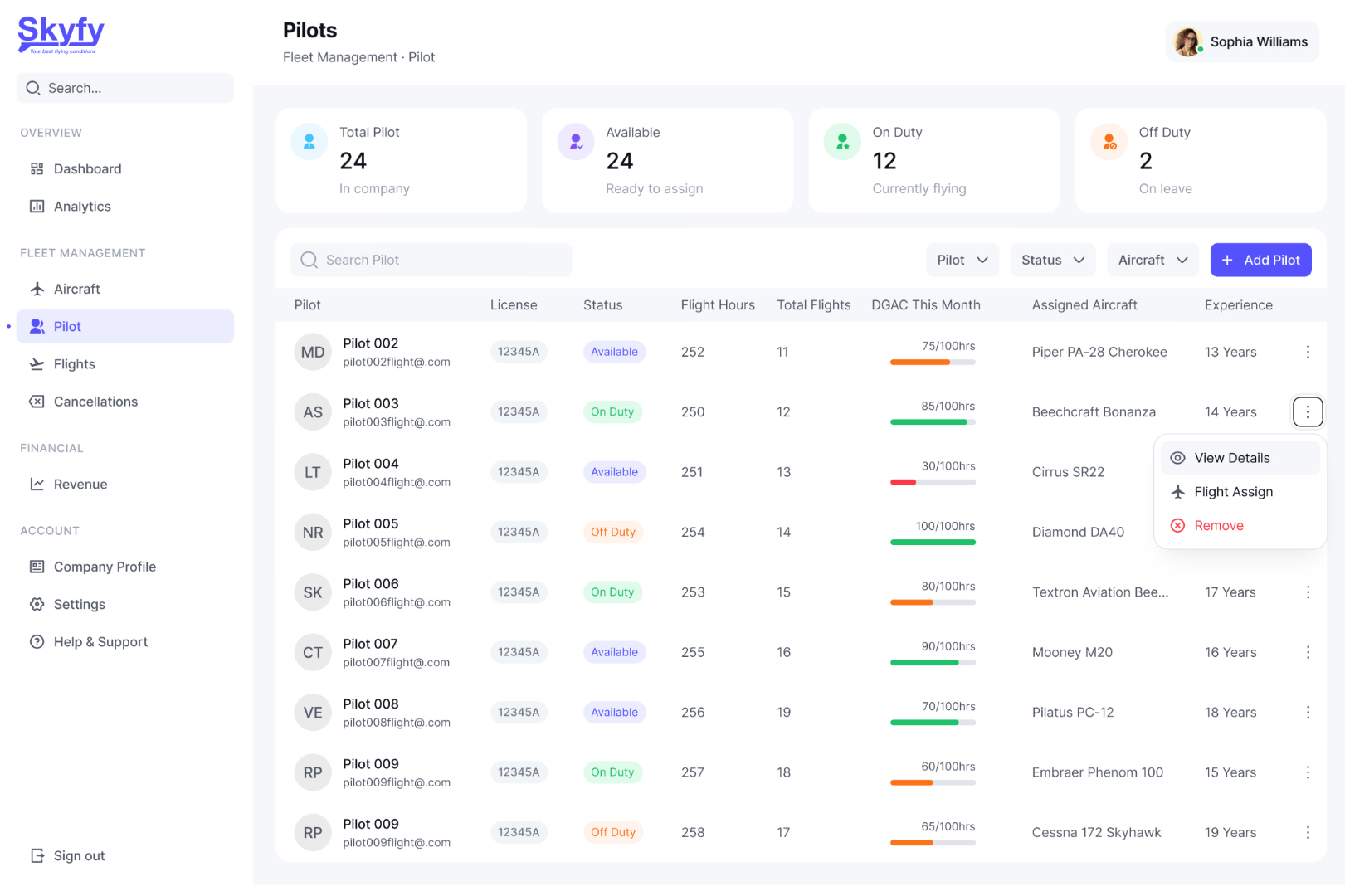 Pilot management: tracking de horas DGAC del mes por piloto